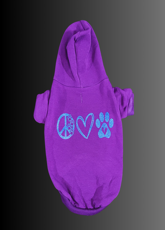 Purple & Blue Glitter Peace, Love, & Paw Print Dog Hoodie- Size XL- Ready to Ship