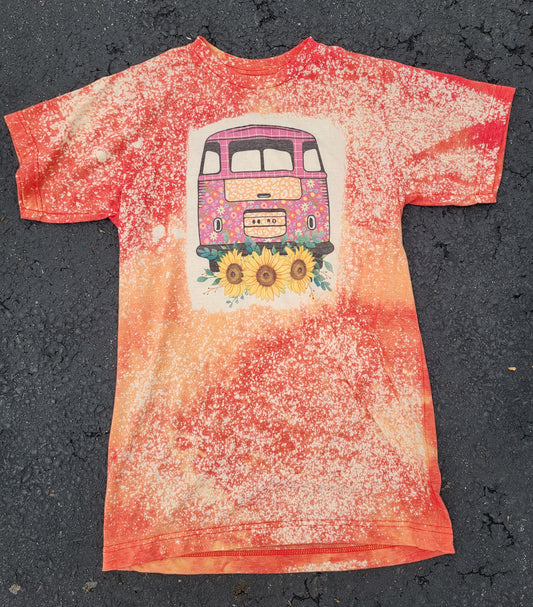 Hippie Van & Sunflowers Bleached T-Shirts- Ready to Ship- Size Adult Small