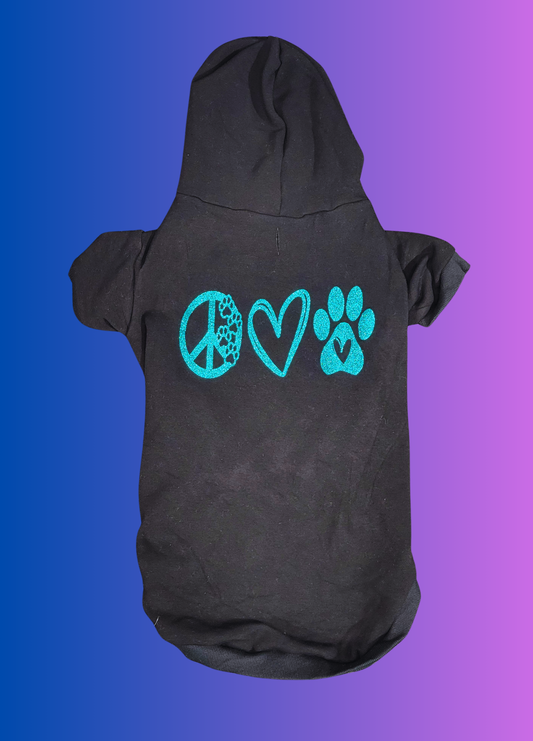 Black Hoodie with Teal Glitter Peace, Love, and Paw Print- Size 5X- Ready to Ship