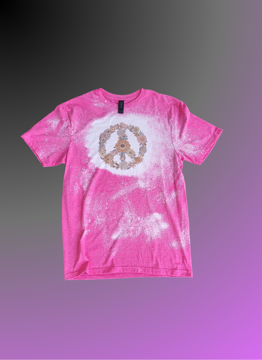 Floral Peace Sign Bleached T-shirt- Ready to Ship- Size Adult Medium